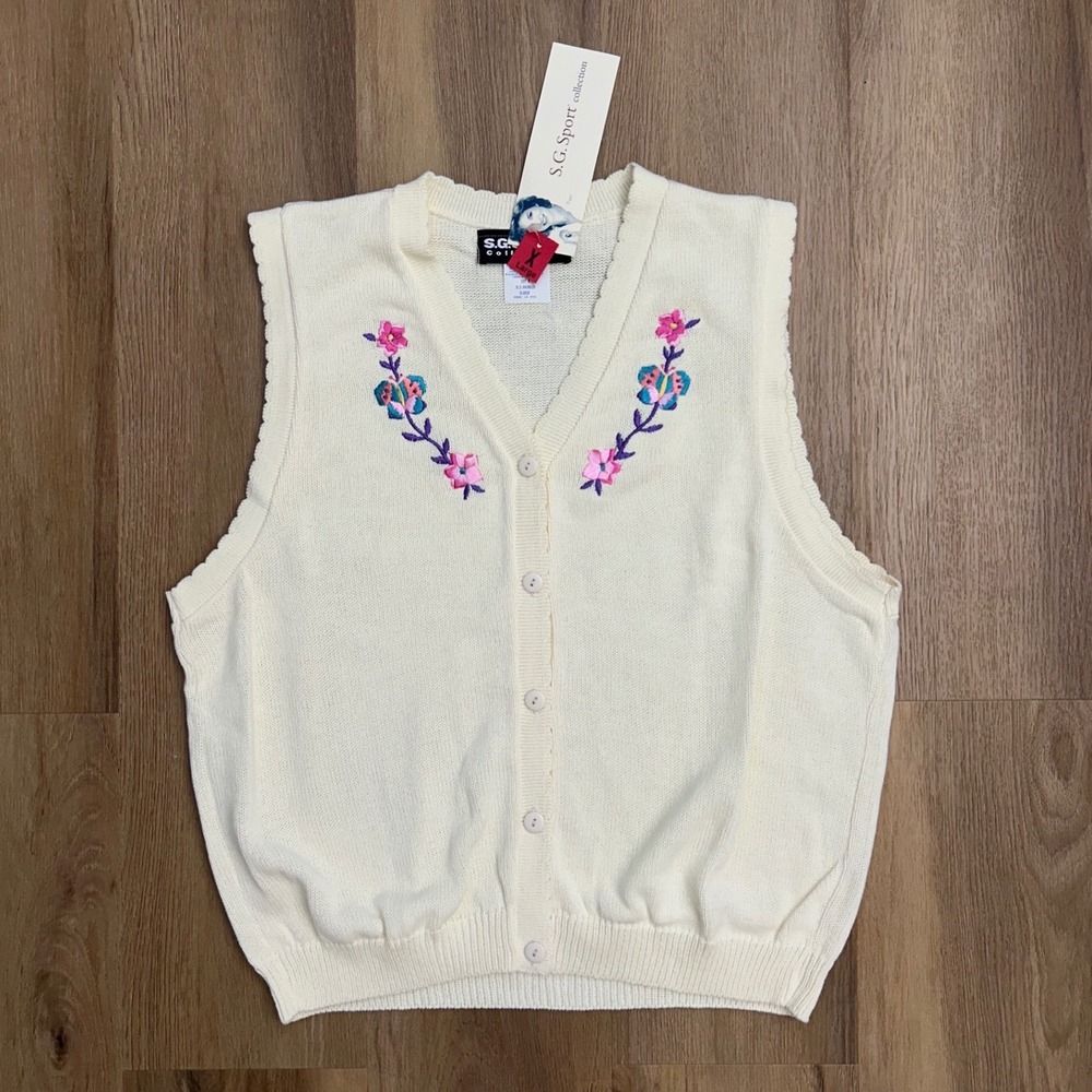 Vintage Embroidered Floral Sweater Vest Cream XL USA granny cottage dead stock